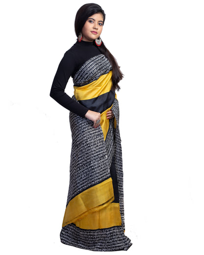 Yellow Black Block Printed Pure Silk Mark Certified Bishnupuri Silk Sarees