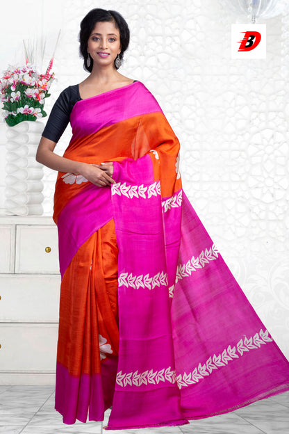 Orange Pink Block Printed Pure Silk Mark Certified Bishnupuri Silk Sarees