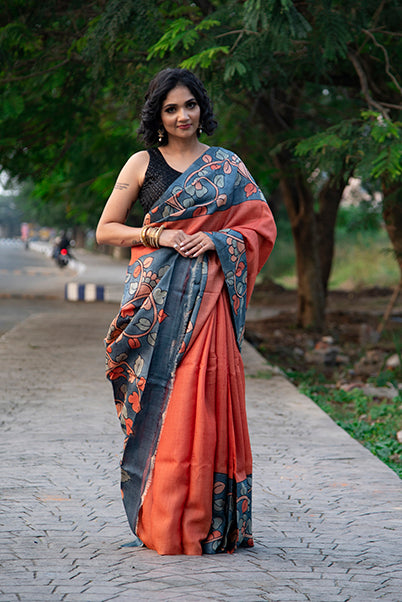 Grey Orange Hand Painted Pure Plain Pure Silk Mark Certified Tussar Silk Kalamkari Sarees