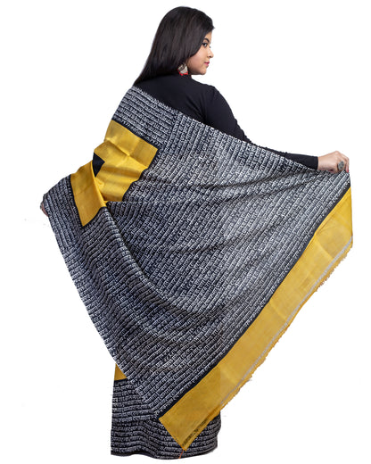 Yellow Black Block Printed Pure Silk Mark Certified Bishnupuri Silk Sarees