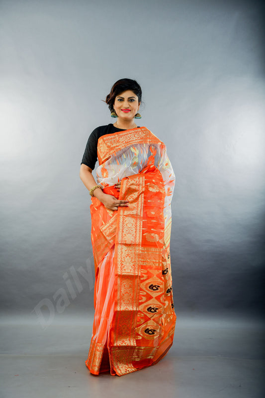 Orange Golden Dhakai Jamdani Sarees