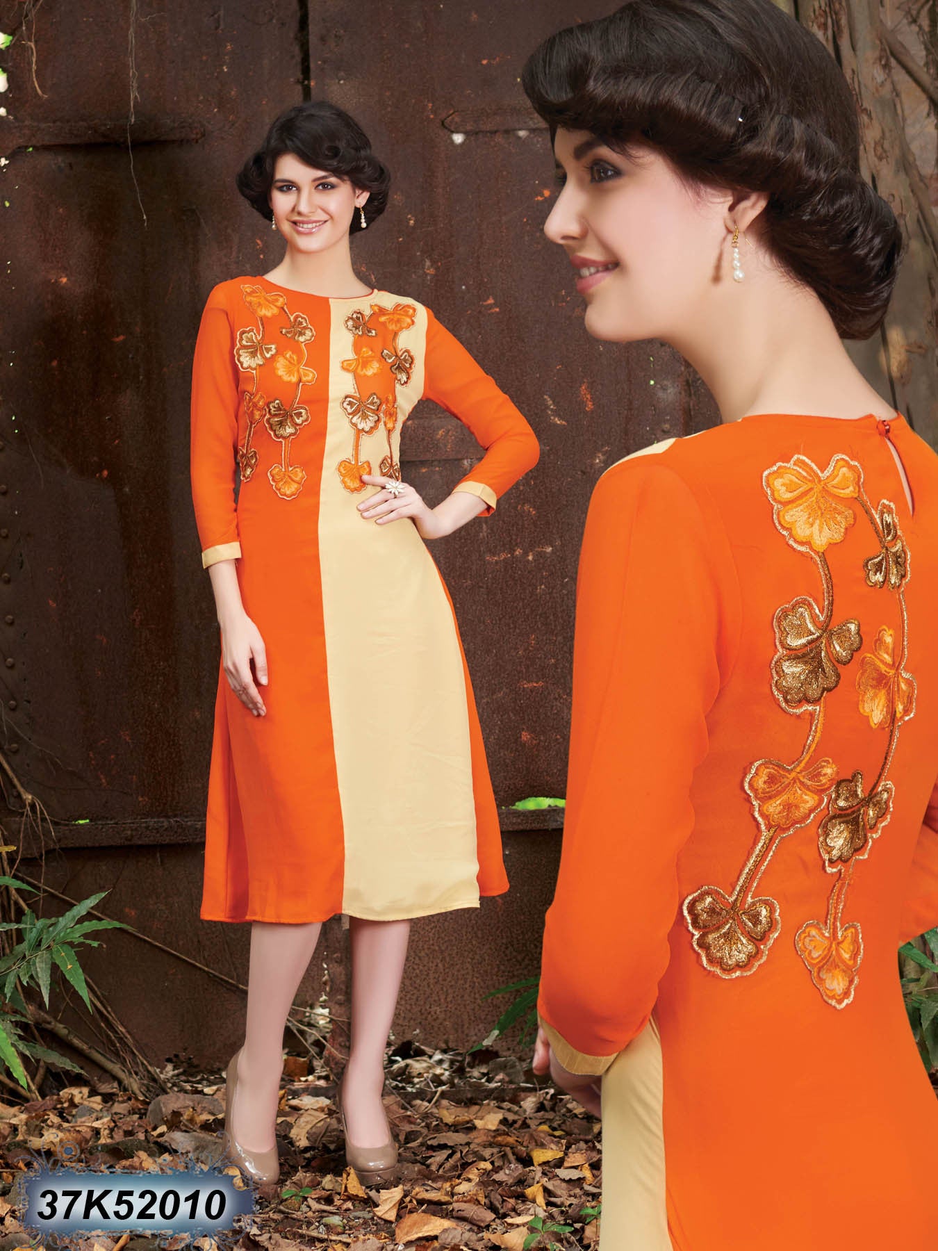 Orange & Cream Stitched Georgette Kurtis