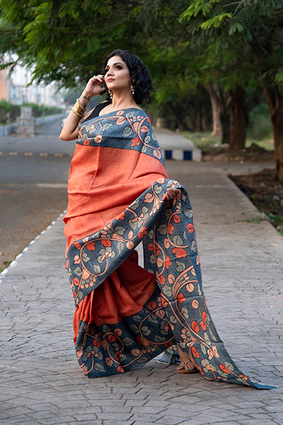 Grey Orange Hand Painted Pure Plain Pure Silk Mark Certified Tussar Silk Kalamkari Sarees