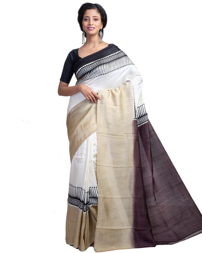 Coffee Brown Block Printed Pure Silk Mark Certified Bishnupuri Silk Sarees