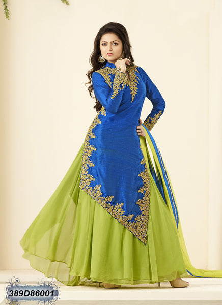 Blue Green Stitched Banglori Silk Net Salwar