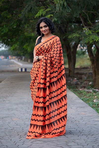 Orange Black Block Printed Pure Silk Mark Certified Tussar Silk Sarees