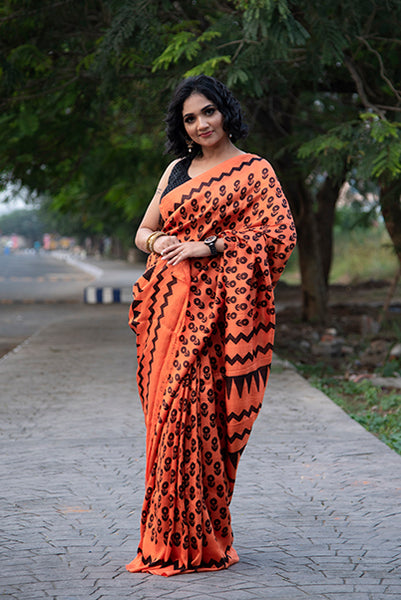 Orange Black Block Printed Pure Silk Mark Certified Tussar Silk Sarees