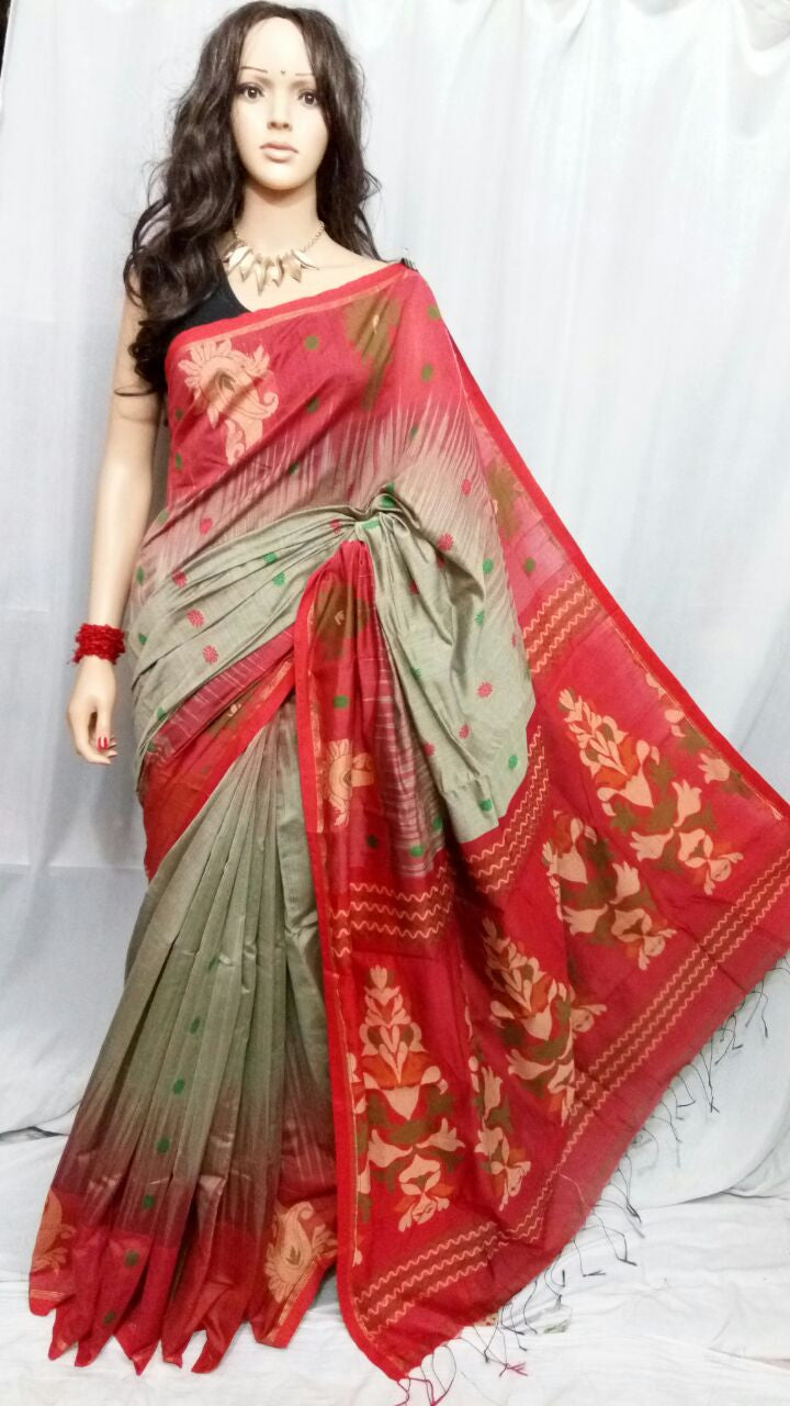 Red & Light Grey Ikkat Sarees