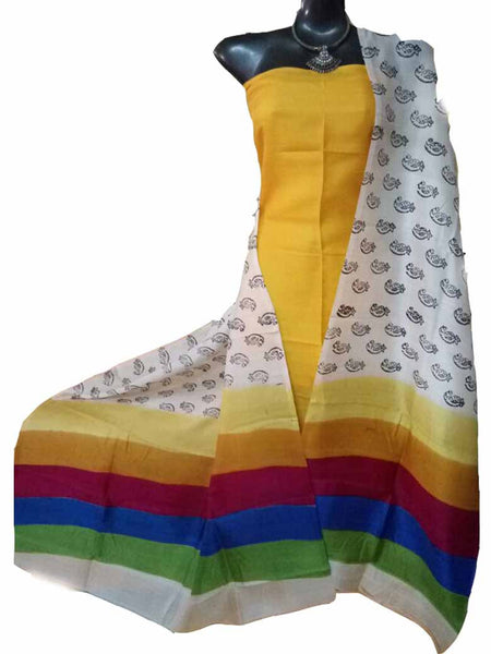 Handpicked Yellow & White Block Printed Design Pure Silk Top & Dupatta