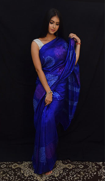 Moroccan Blue Discharge Block Printed Silk Mark Certified Murshidabad Silk Sarees - Dailybuyys