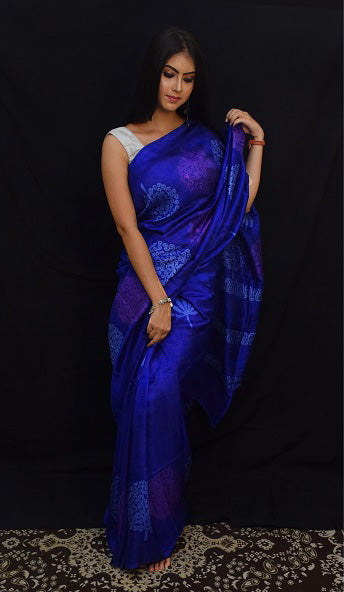 Buy Bluish Purple Murshidabad Silk Saree with Golden Weaved Border-Mayasha  – MAYASHA