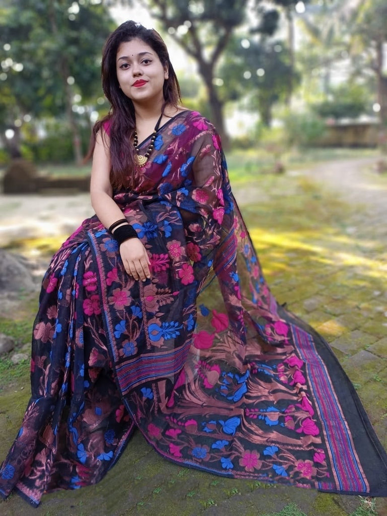 Black with pink and blue detail work soft Dhakai Jamdani Sarees Get Extra 10% Discount on All Prepaid Transaction
