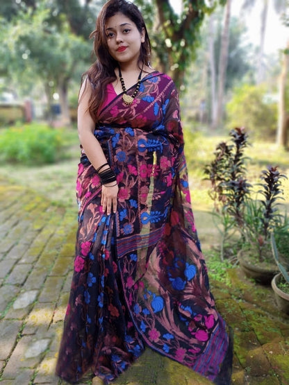 Black with pink and blue detail work soft Dhakai Jamdani Sarees