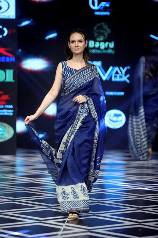 Navy Blue Bagru Printed Pure Chanderi Silk Sarees