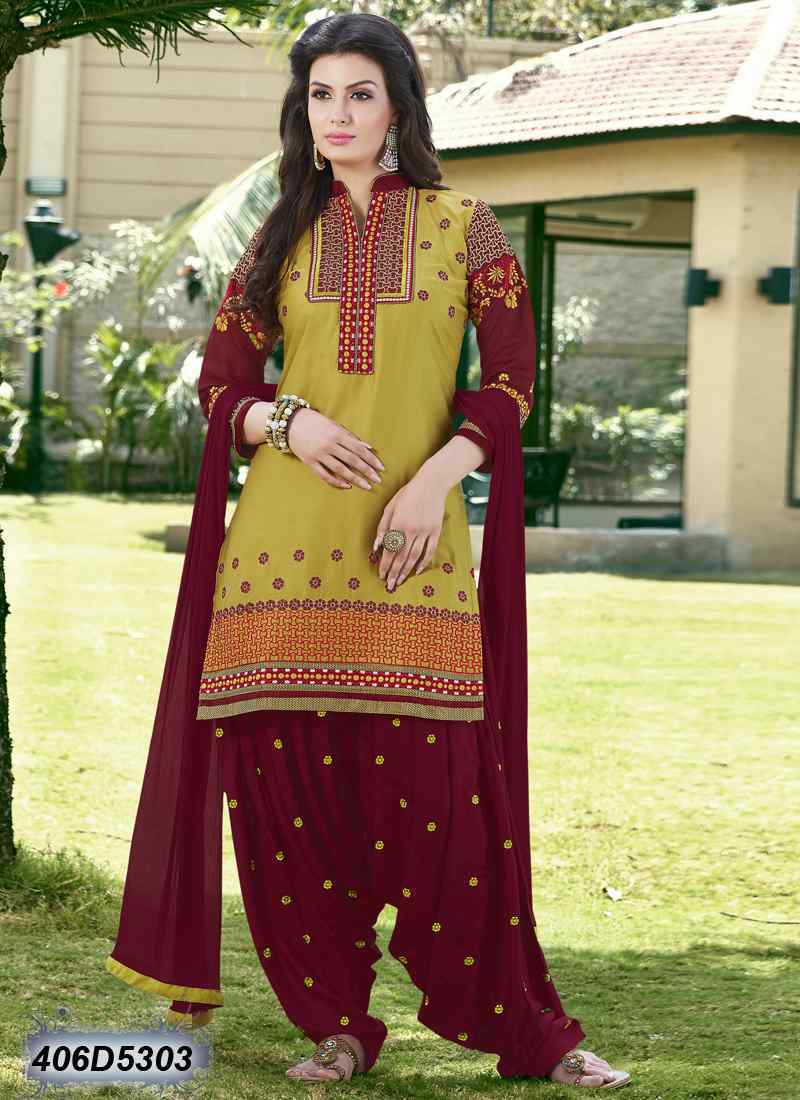 Yellow Maroon Satin Pure Cotton Salwar