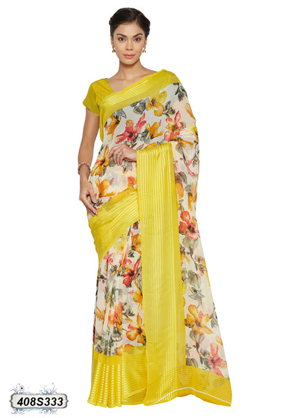 Yellow,Off White Satin Sarees