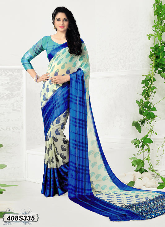 Off White,Blue Satin Sarees