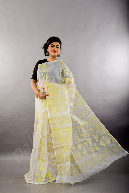 White Golden Dhakai Jamdani Sarees