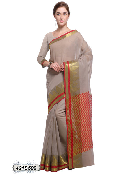Beige,Red Poly Pure Cotton Sarees
