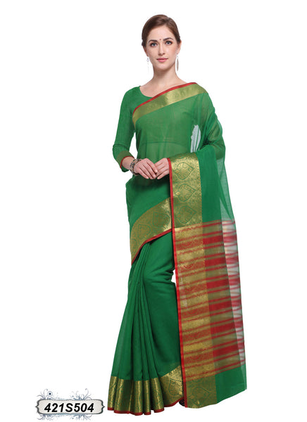 Green,Red Poly Pure Cotton Sarees