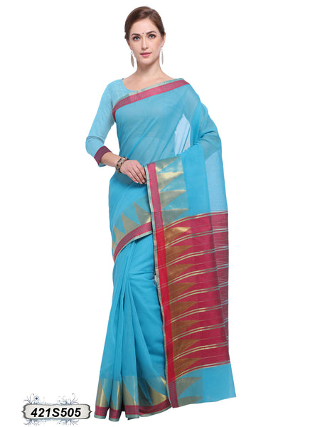 Blue,Red Poly Pure Cotton Sarees