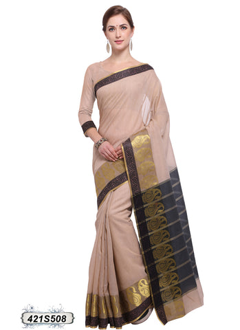 Beige,Black Poly Pure Cotton Sarees