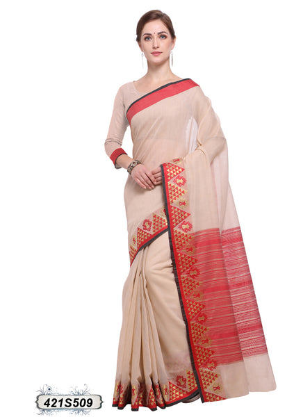 Beige,Red Poly Pure Cotton Sarees