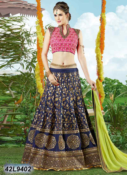 Buy Navy Blue & Pink Georgette Lehenga Choli With Embroidery Work From  Khushkar