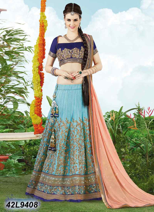 Sea Green & Navy Blue, Peach Designer Lehenga Choli