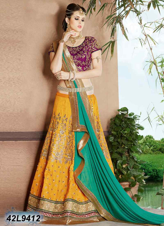 Yellow ,Sea Green & Wine Designer Lehenga Choli