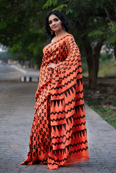 Orange Black Block Printed Pure Silk Mark Certified Tussar Silk Sarees