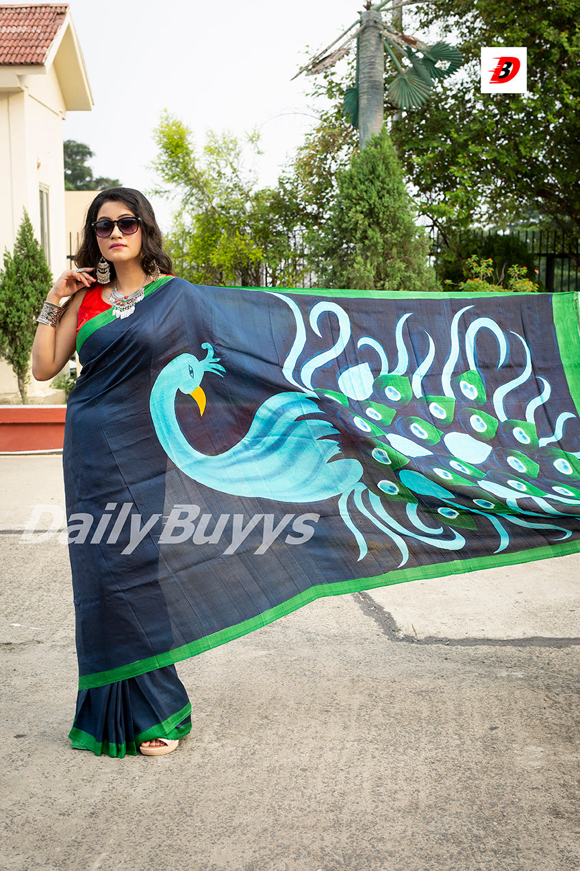 Blue Hand Painted Pure Silk Mark Certified Bishnupuri Silk Sarees