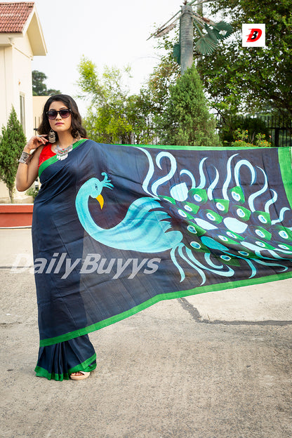 Blue Hand Painted Pure Silk Mark Certified Bishnupuri Silk Sarees - Dailybuyys
