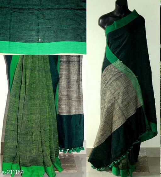 Green Beige Pure 100 Count Soft Pure Linen Sarees