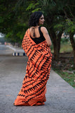 Orange Black Block Printed Pure Silk Mark Certified Tussar Silk Sarees