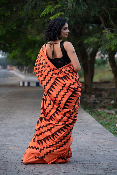 Orange Black Block Printed Pure Silk Mark Certified Bishnupuri Silk Sarees