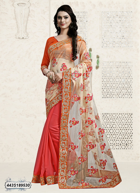 Orange, Beige Georgette Sarees