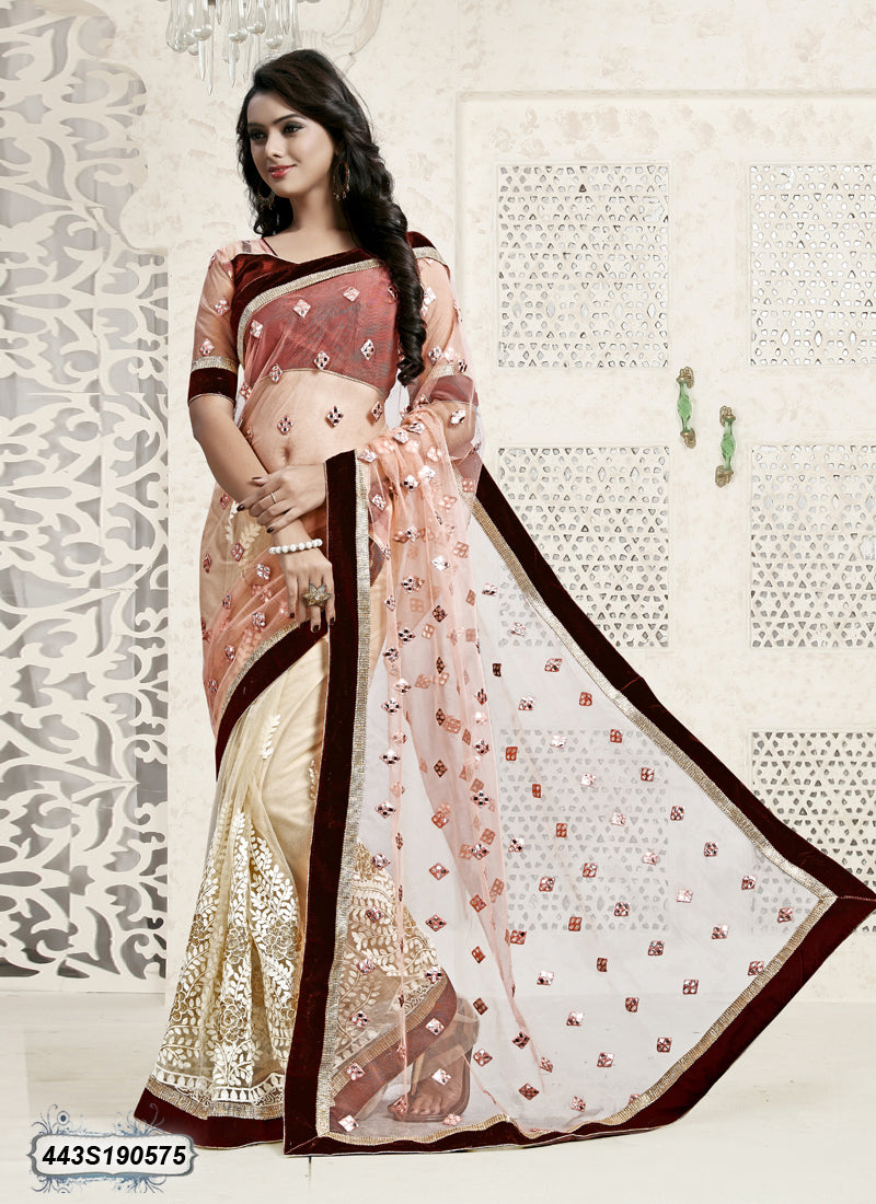 Beige, Maroon Net Sarees