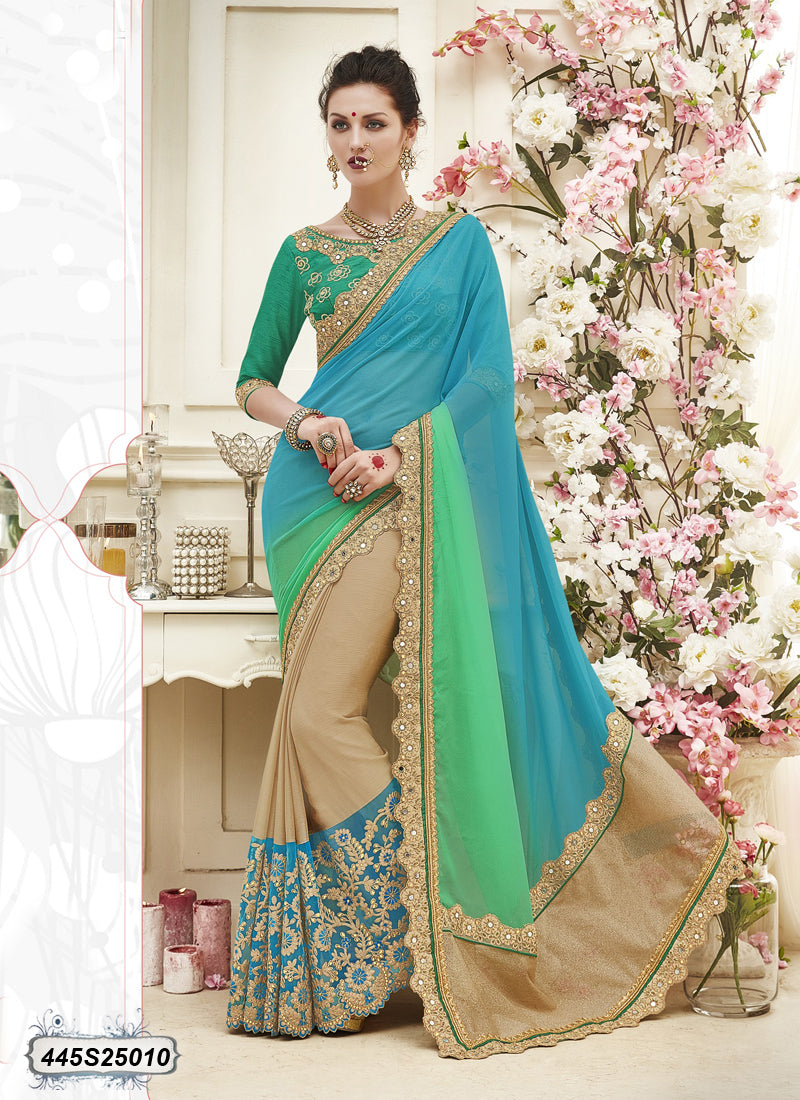 Beige,Blue,Green Georgette Sarees