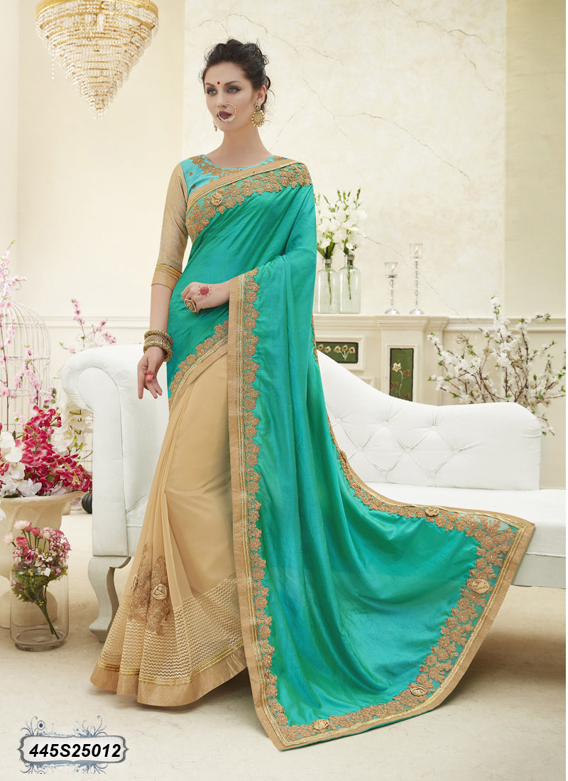 Beige,Blue Georgette Sarees