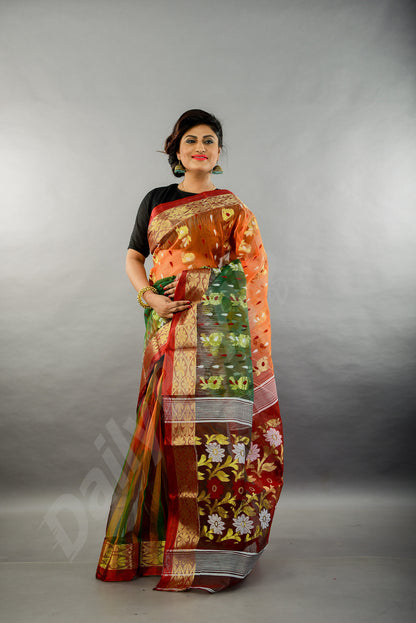 Red Green Golden Dhakai Jamdani Sarees