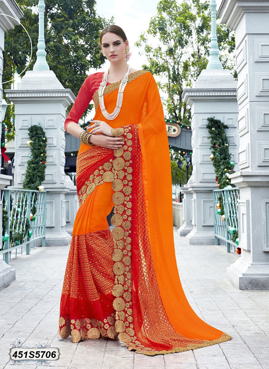 Orange,Red Georgette Sarees