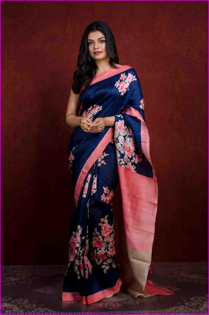 Blue Floral Silk Mark Certified Bishnupuri Silk Sarees