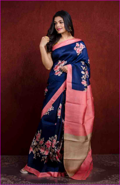 Blue Floral Silk Mark Certified Bishnupuri Silk Sarees