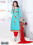 Sky Blue & Red Glace Pure Cotton Salwar