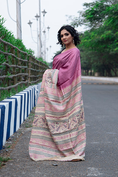 Beige Pink Block Printed Pure Silk Mark Certified Tussar Silk Sarees