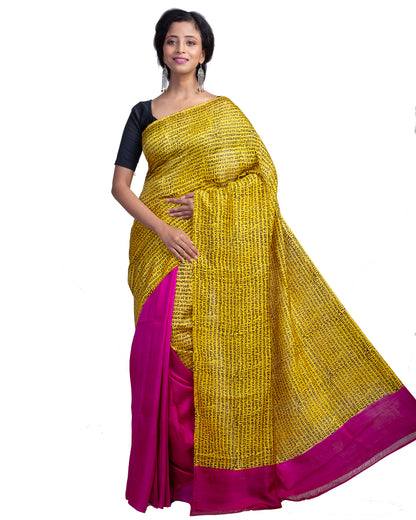 Yellow Block Printed Pure Silk Mark Certified Bishnupuri Silk Sarees