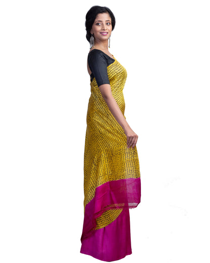 Yellow Block Printed Pure Silk Mark Certified Bishnupuri Silk Sarees