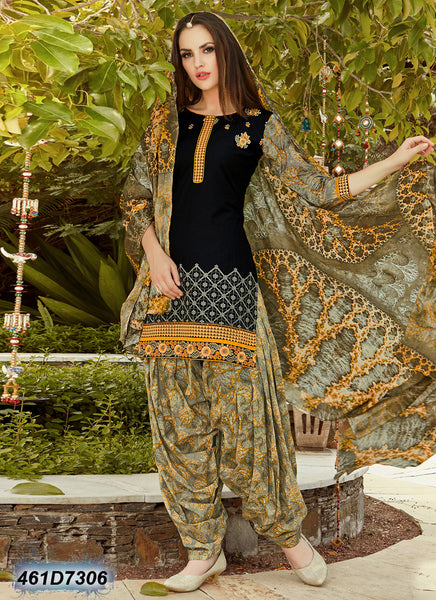 Grey,Black  & Yellow UnStitched Cambric Pure Cotton Salwar