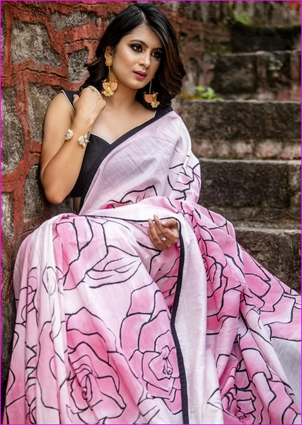 Pink Floral Silk Mark Certified Bishnupuri Silk Sarees